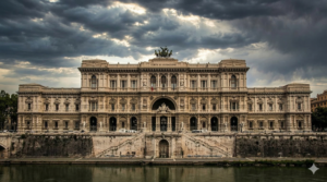 Ilustração da fachada da Corte Suprema di Cassazione em Roma — o tribunal mais alto da Justiça italiana, com audiência marcada para 14 de abril de 2026 sobre a Lei Tajani.