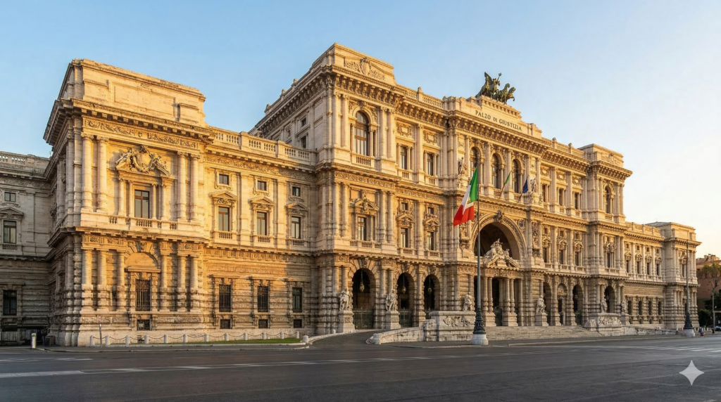 Ilustração da Fachada da Corte Constitucional da Itália em Roma, palco da decisão histórica sobre a cidadania italiana para descendentes em março de 2026.