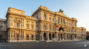 Ilustração da Fachada da Corte Constitucional da Itália em Roma, palco da decisão da Corte Italiana para descendentes em março de 2026.