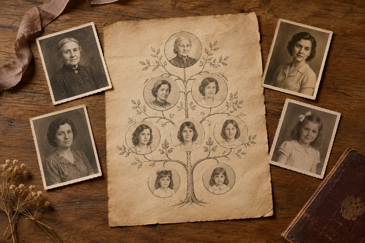 Árvore genealógica desenhada à mão com retratos antigos de mulheres de várias gerações sobre uma mesa de madeira